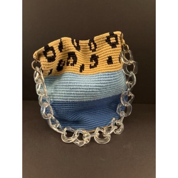 Vintage Soraya Hennessy Blue Beige Animal Print Crochet Bucket Bag‎ - Picture 1 of 10
